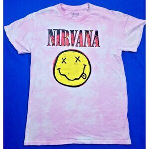 Nirvana T-Shirt Men's Small Short Sleeve Music Smiley Graphic Tie Dye Pink